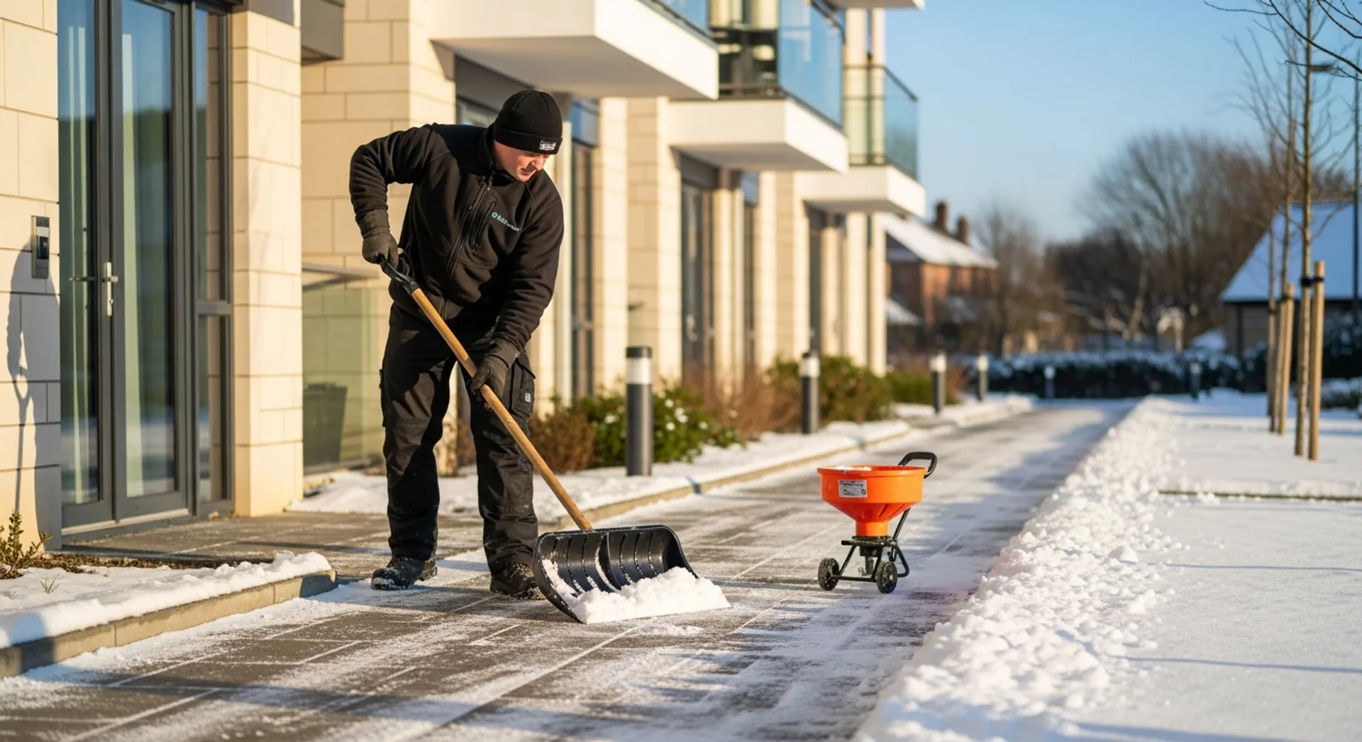 Winterdienst in Bergisch Gladbach – Schneeräumen auf dem Gehweg vor einem Wohnhaus